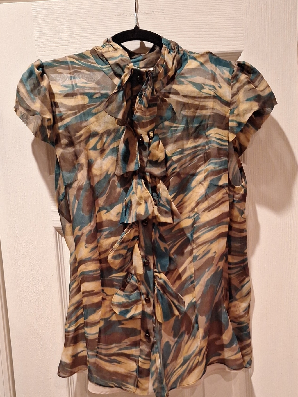 Milly of New York - Teal Brown Cream Abstract Camo Ruffle Sheer Silk Blouse - 10